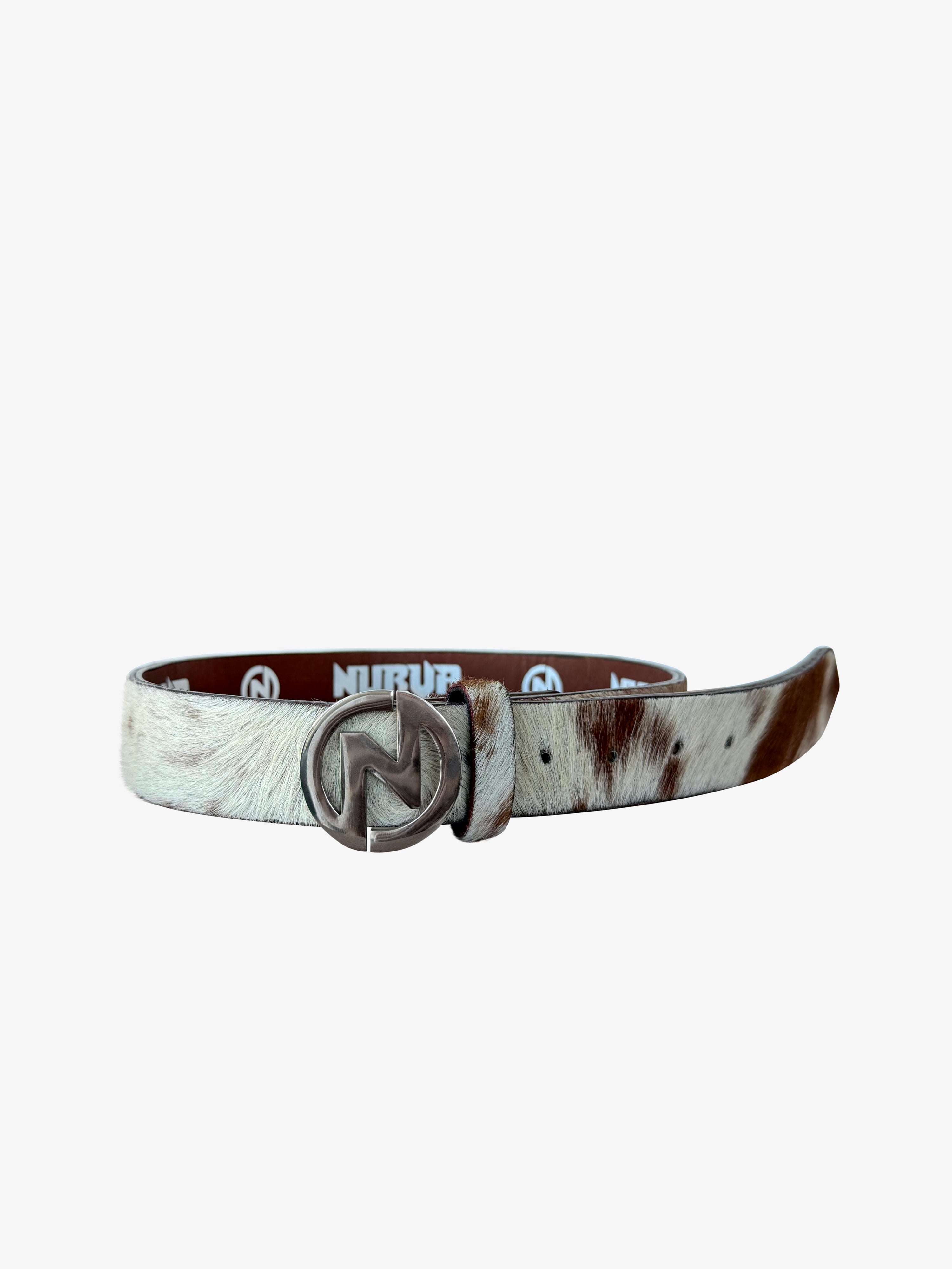 Calf Fur Logo Belt Tan/White