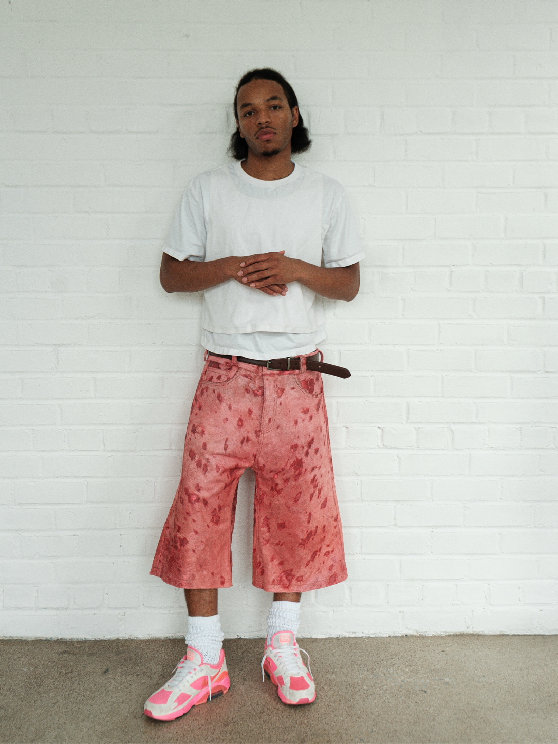 Flared Acid Wash Cowhide Shorts (Pink)