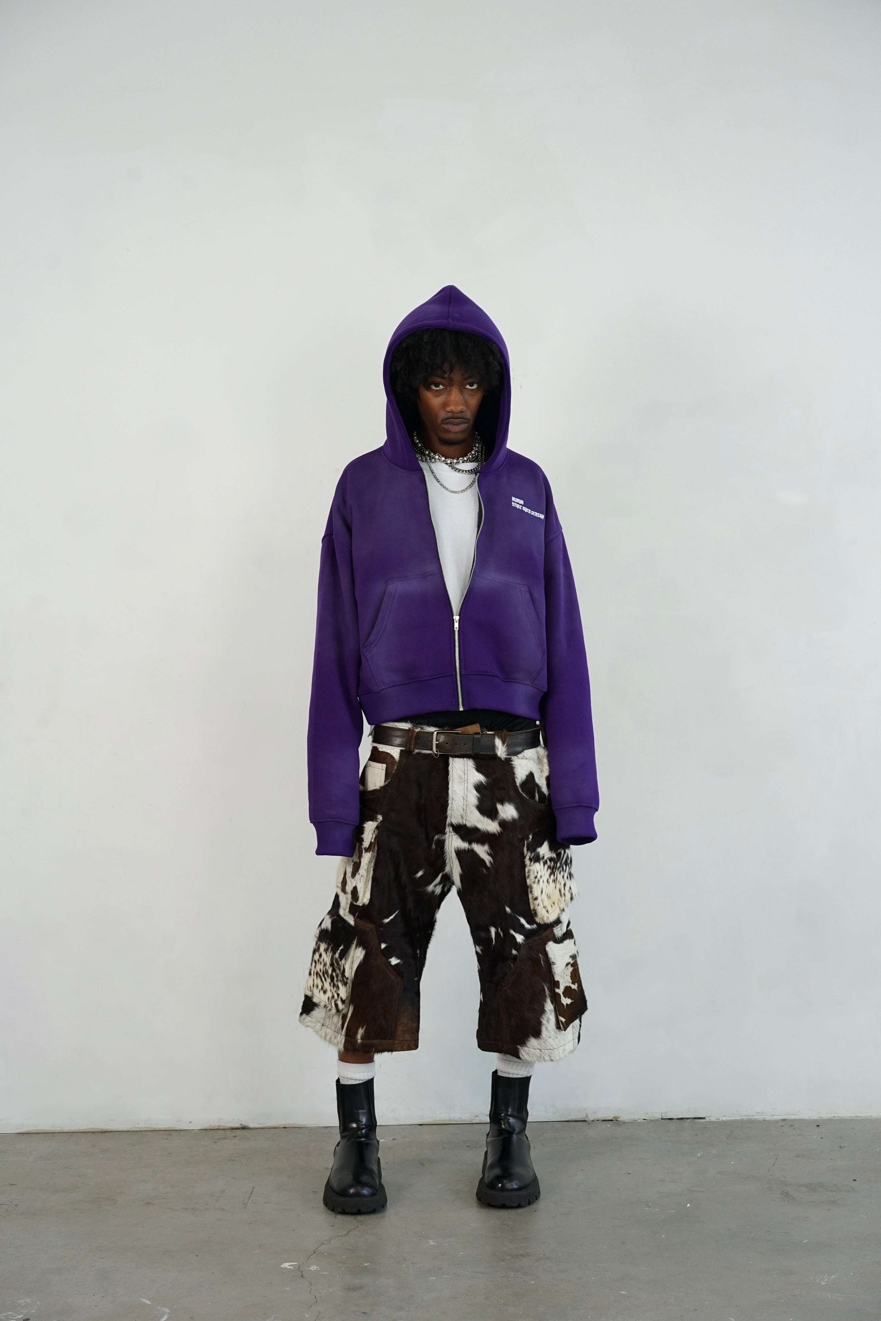 Utility Cowhide Cargo Leather Shorts Brown and White