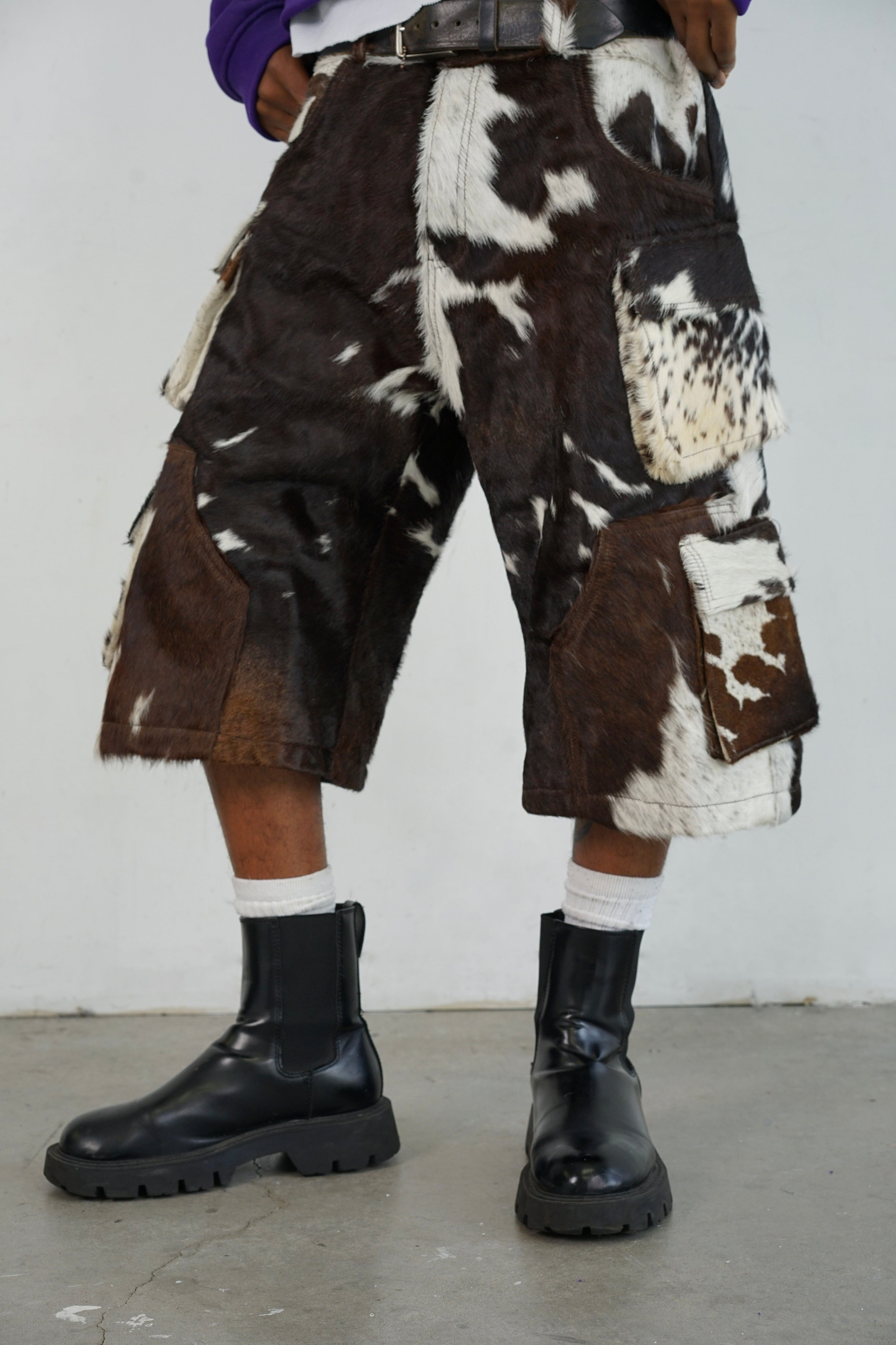 Utility Cowhide Cargo Leather Shorts Black and White