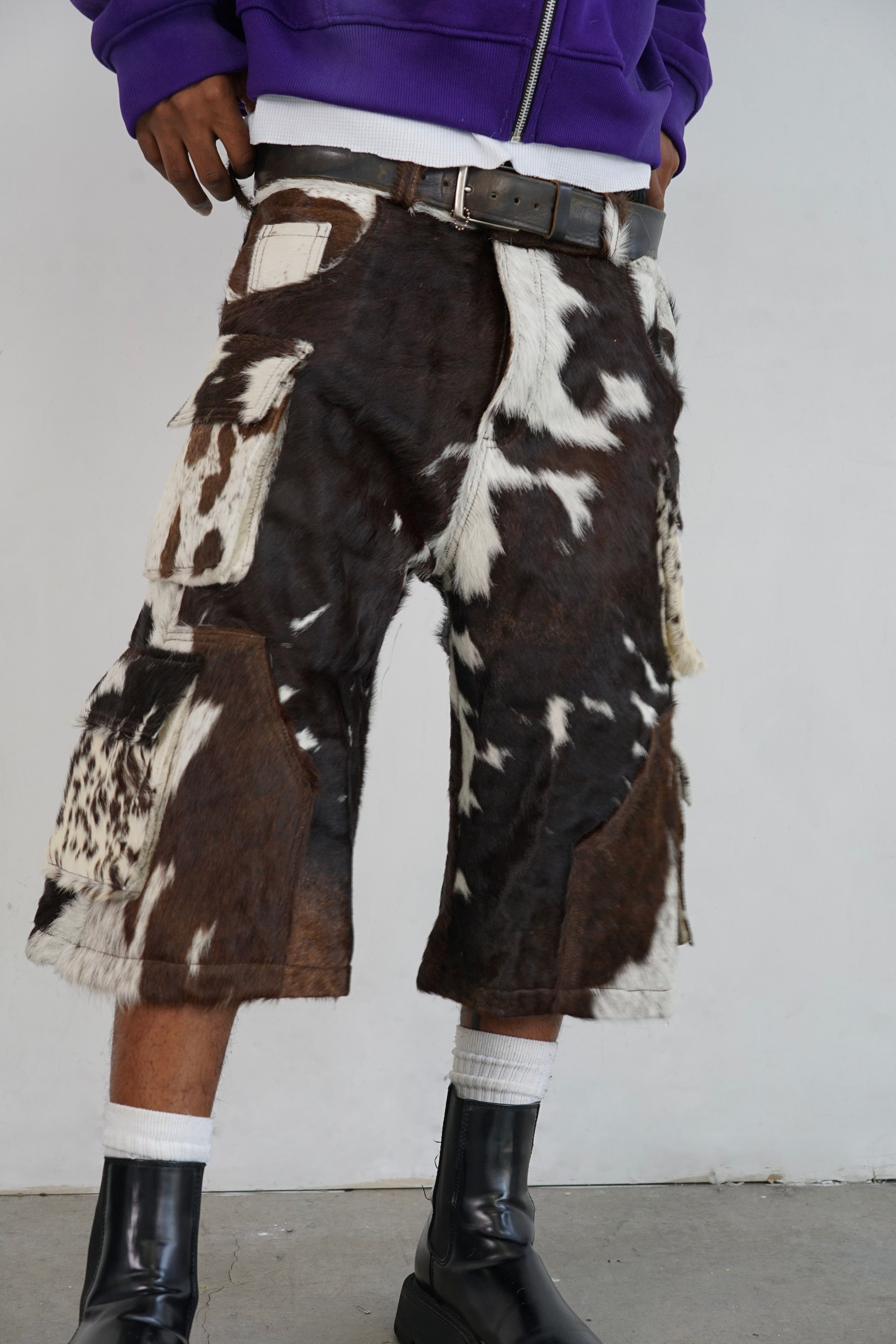 Utility Cowhide Cargo Leather Shorts Brown and White