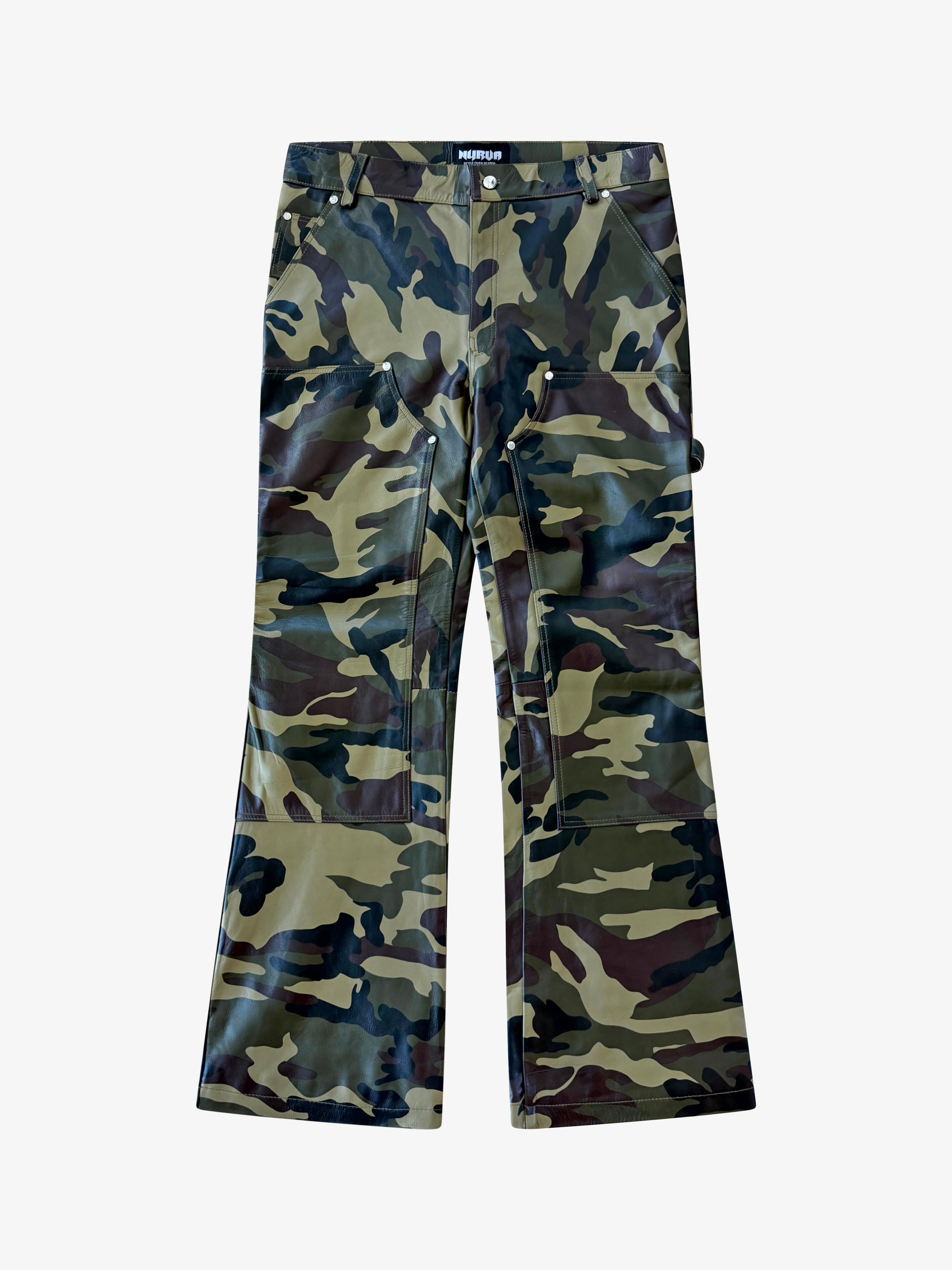 Army Camo Flared Leather Carpenter Pants