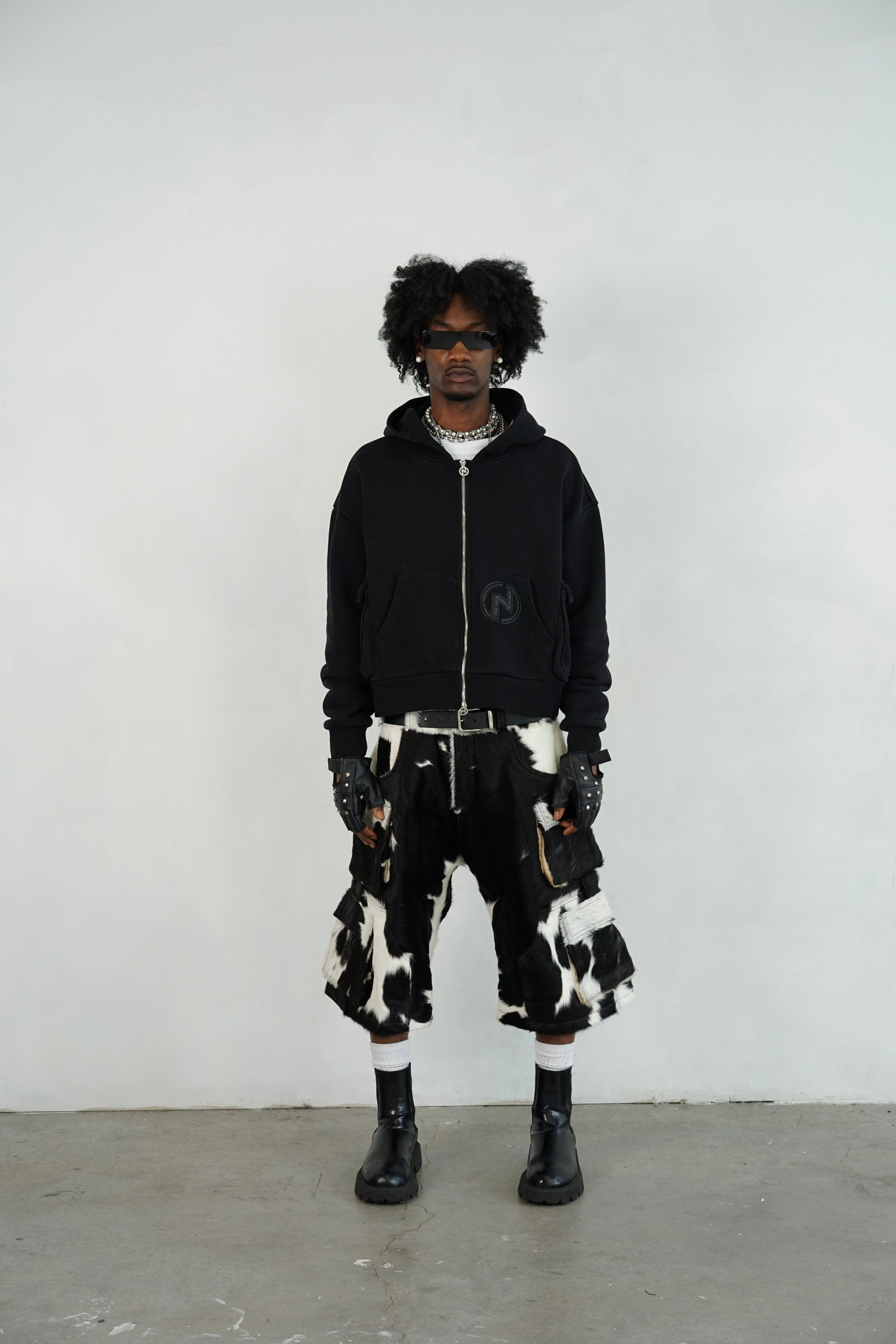 Utility Cowhide Cargo Leather Shorts Black and White