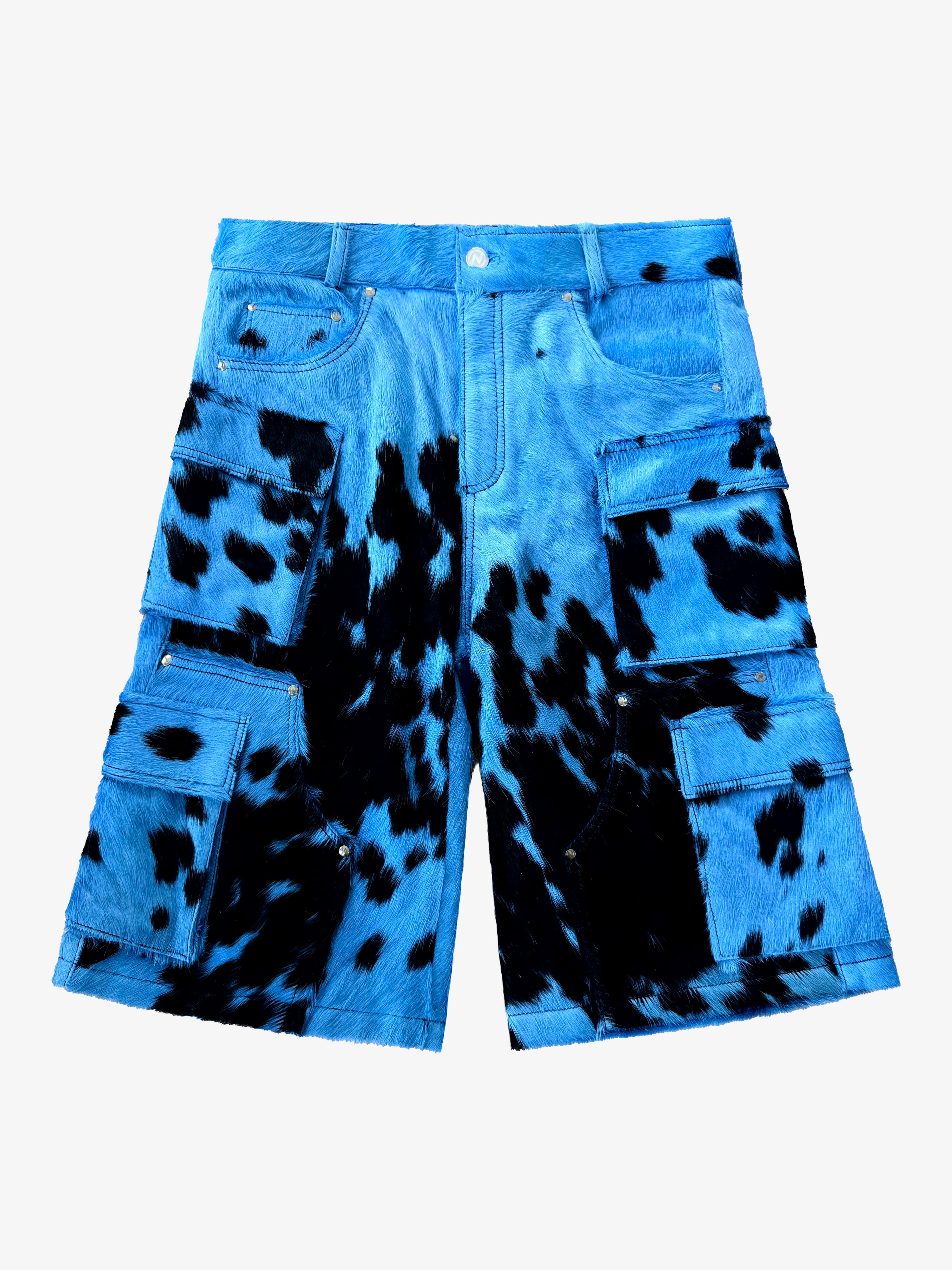 Utility Cowhide Cargo Leather Shorts Black and Blue
