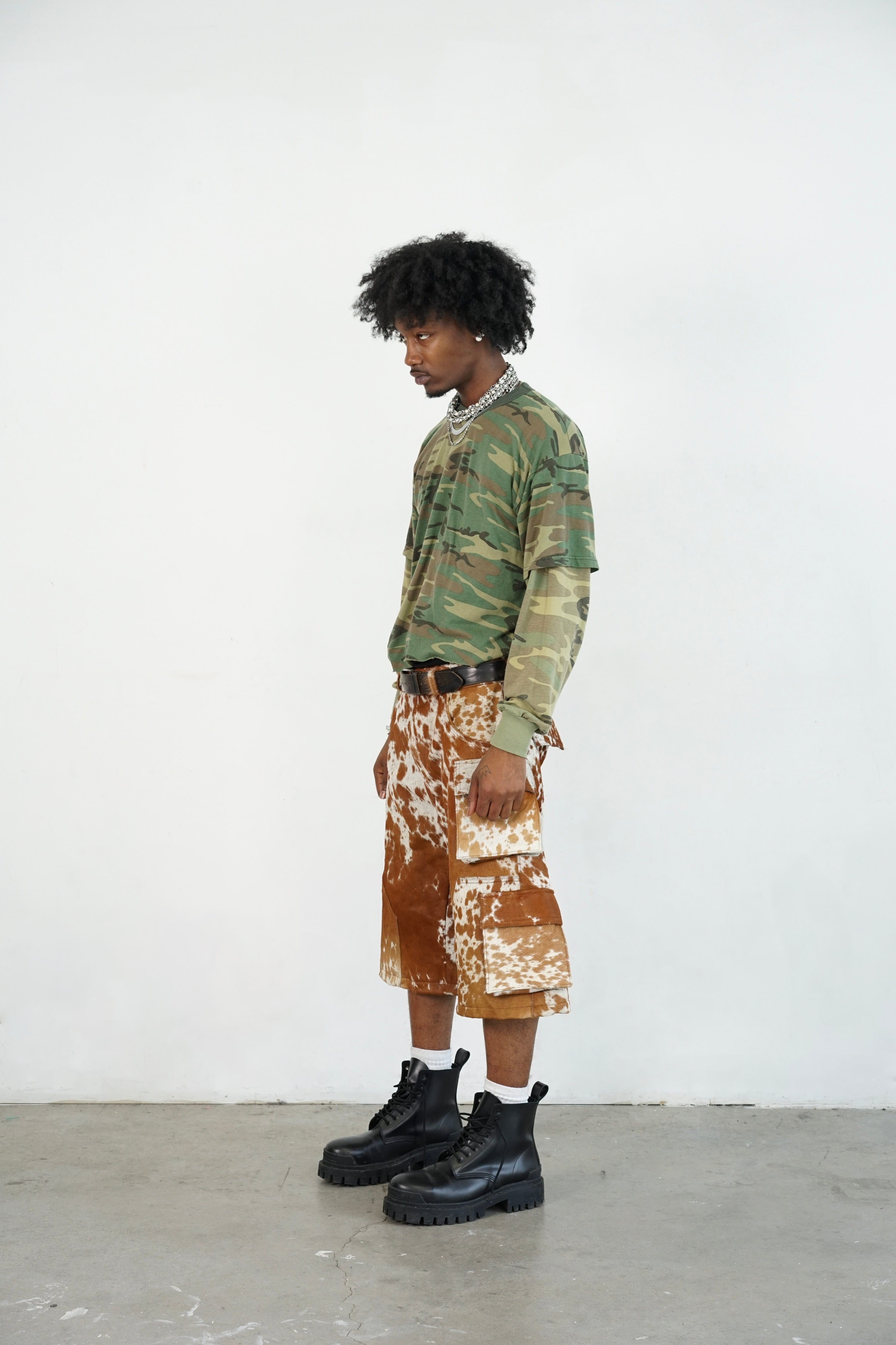 Utility Cowhide Cargo Leather Shorts Tan and White