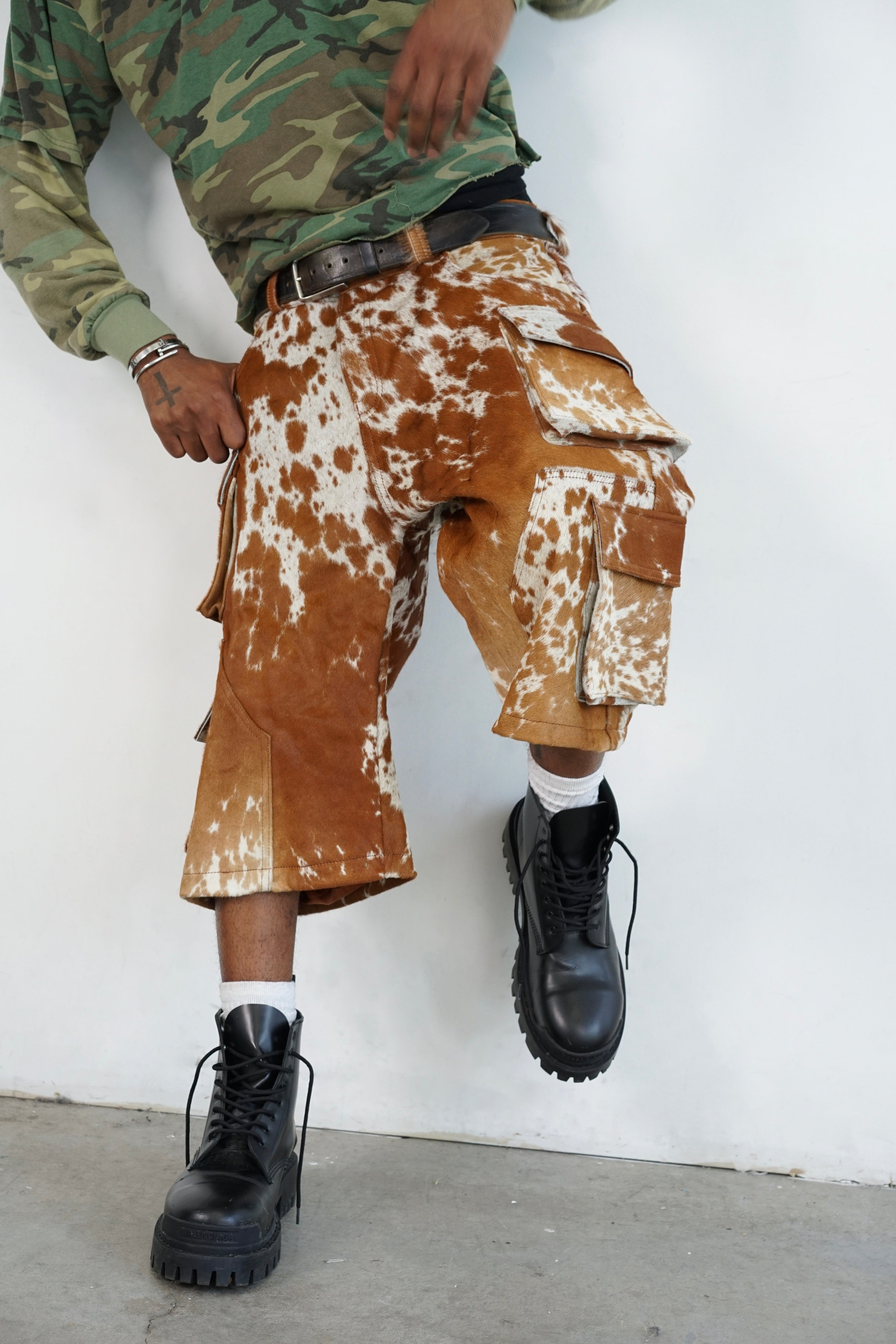 Utility Cowhide Cargo Leather Shorts Tan and White