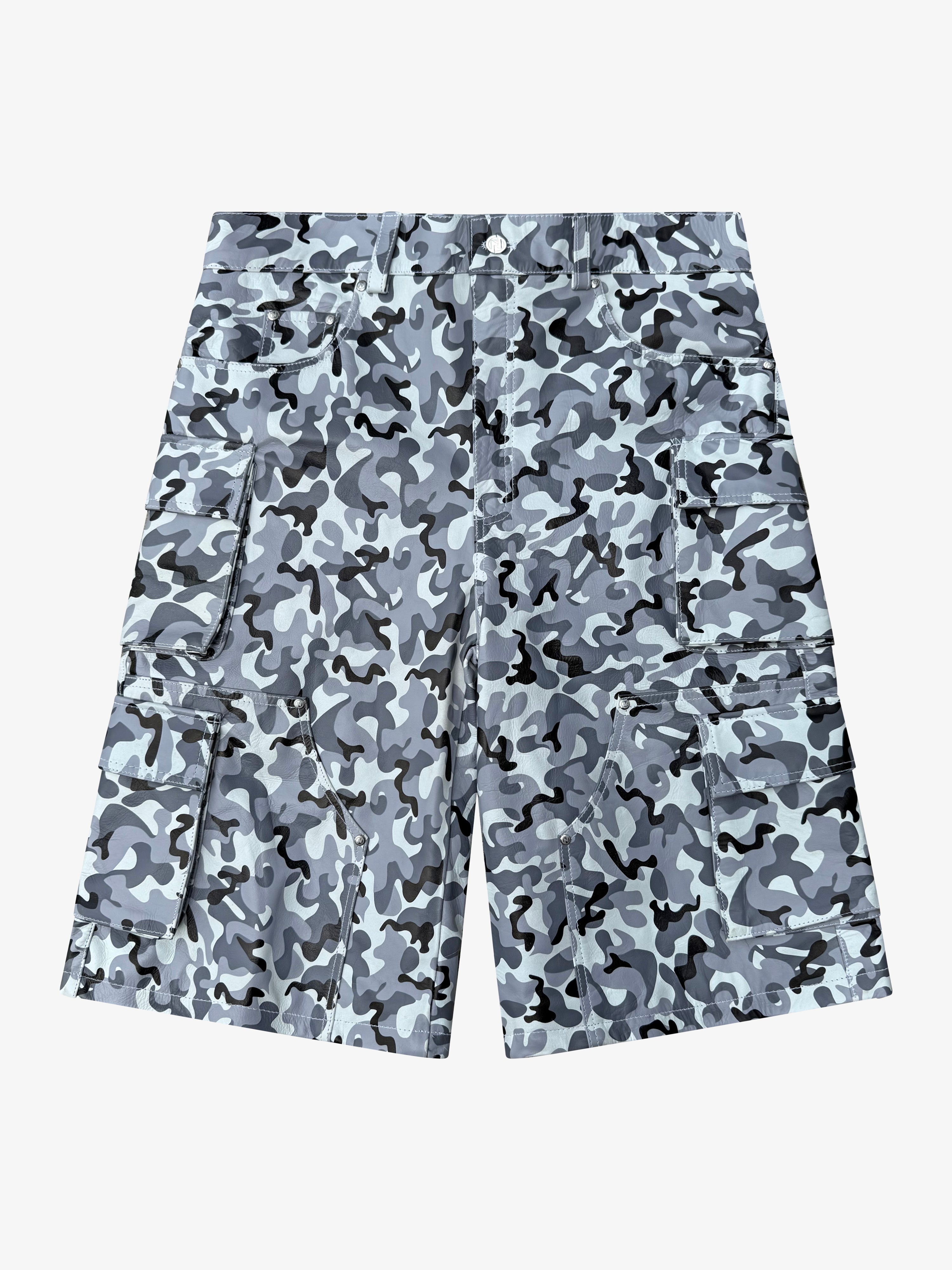 Utility Snow Camo Cargo Leather Shorts