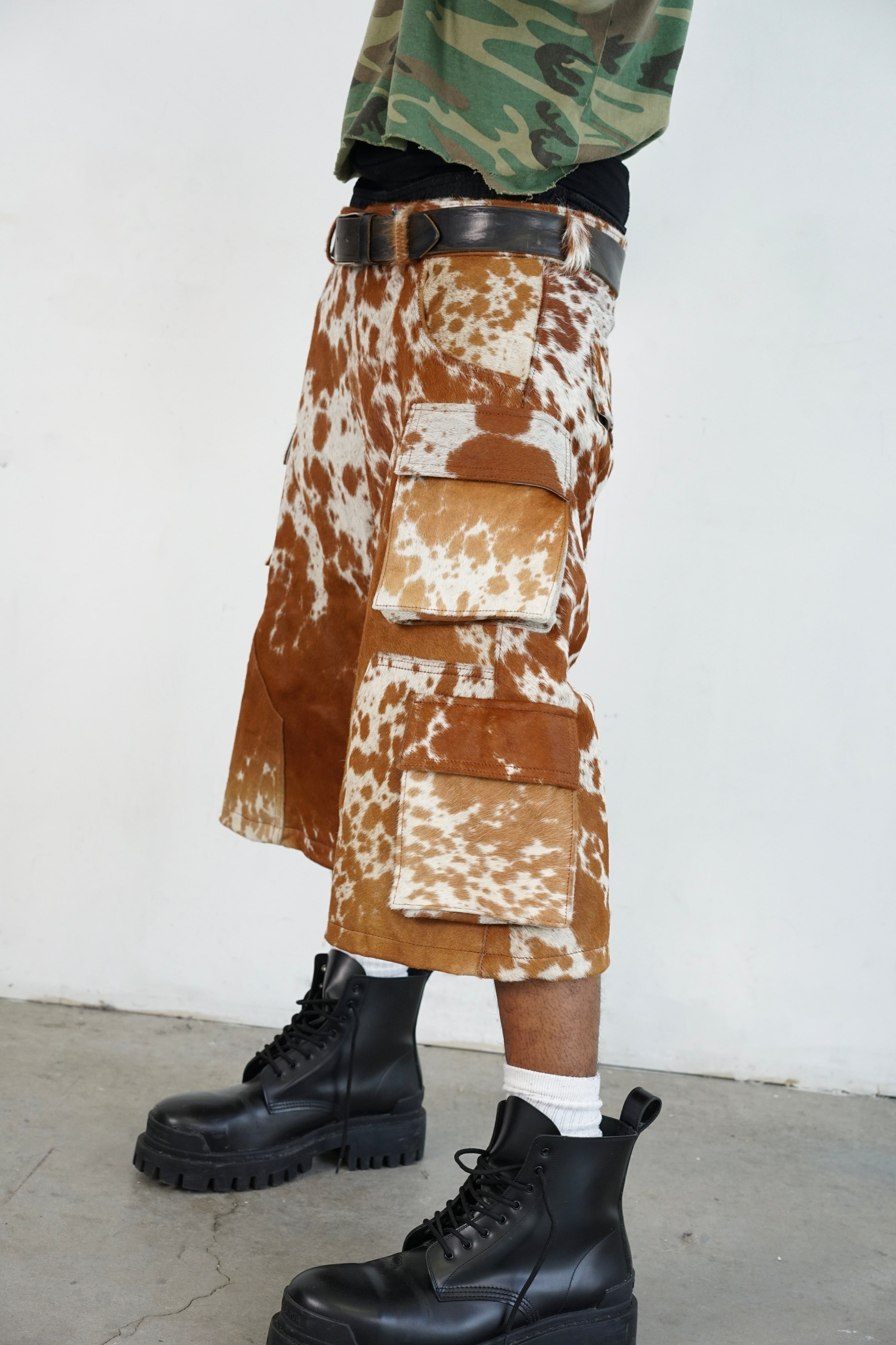 Utility Cowhide Cargo Leather Shorts Tan and White