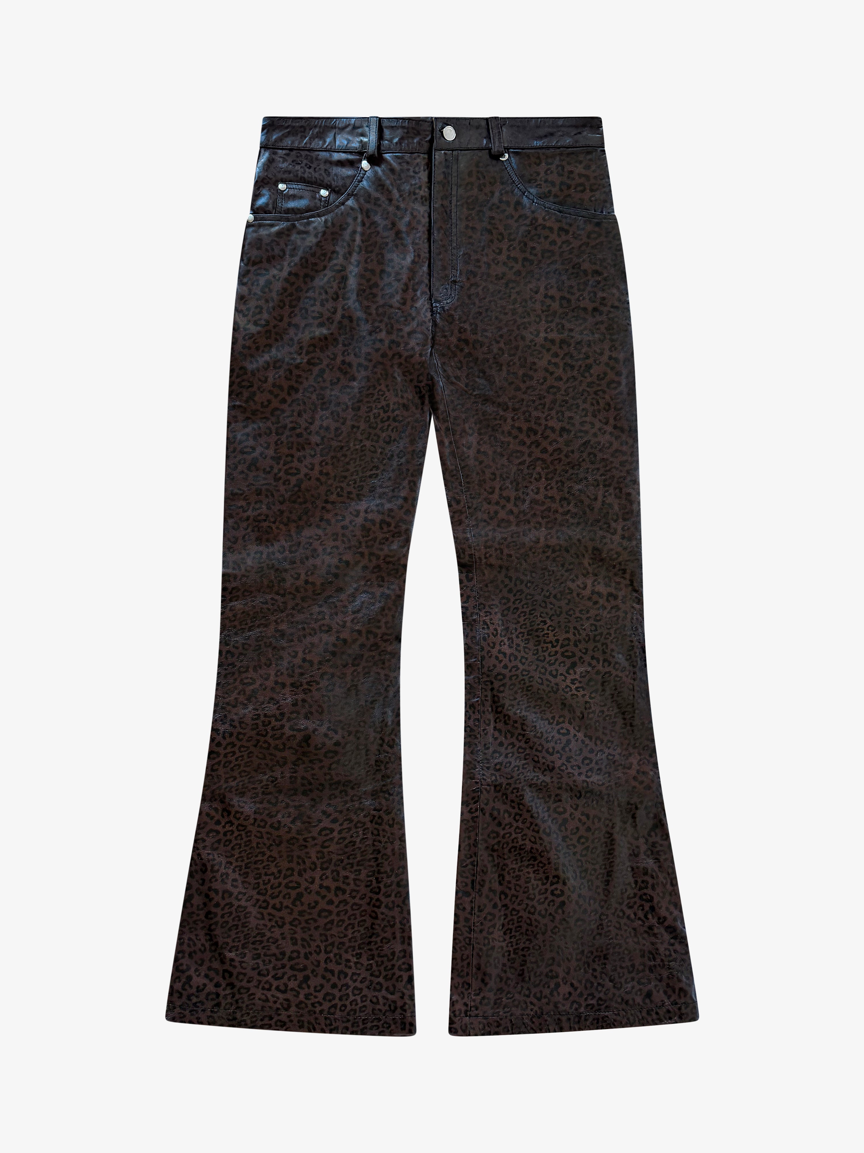 Flared Leather Brown Leopard Print Pants