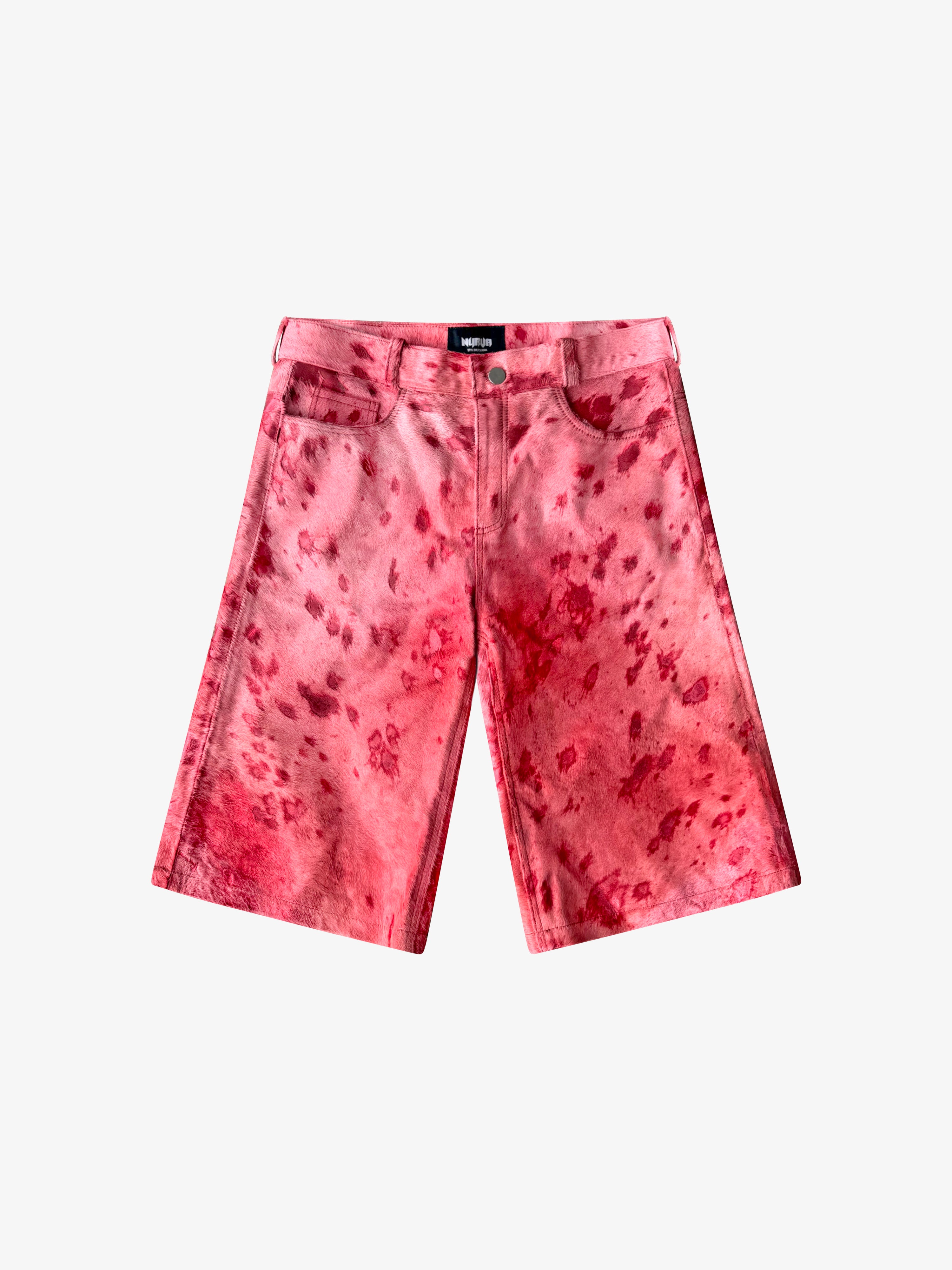 Flared Acid Wash Cowhide Shorts (Pink)