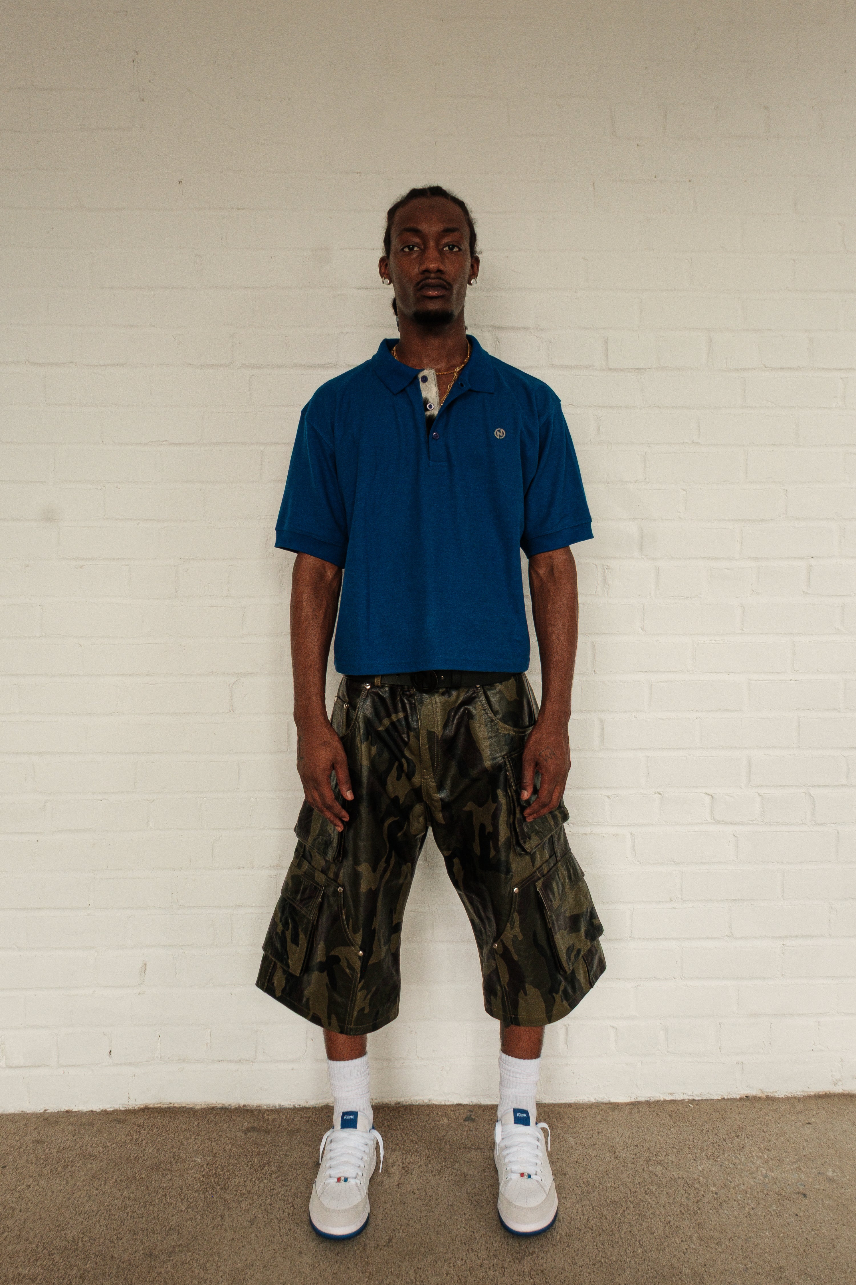 Cropped Cowhide Placket Polo (Blue)