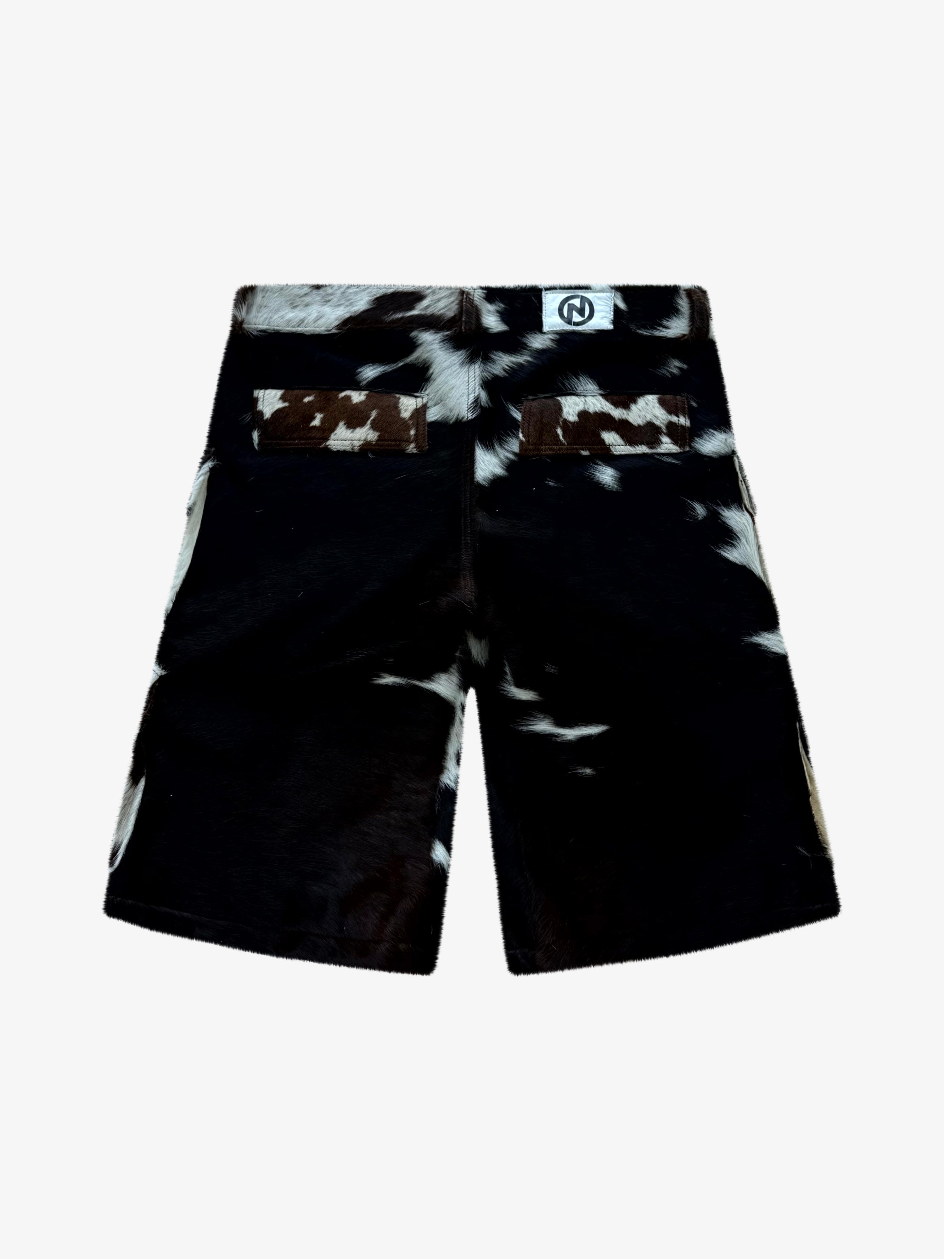 Utility Cowhide Cargo Leather Shorts Brown and White