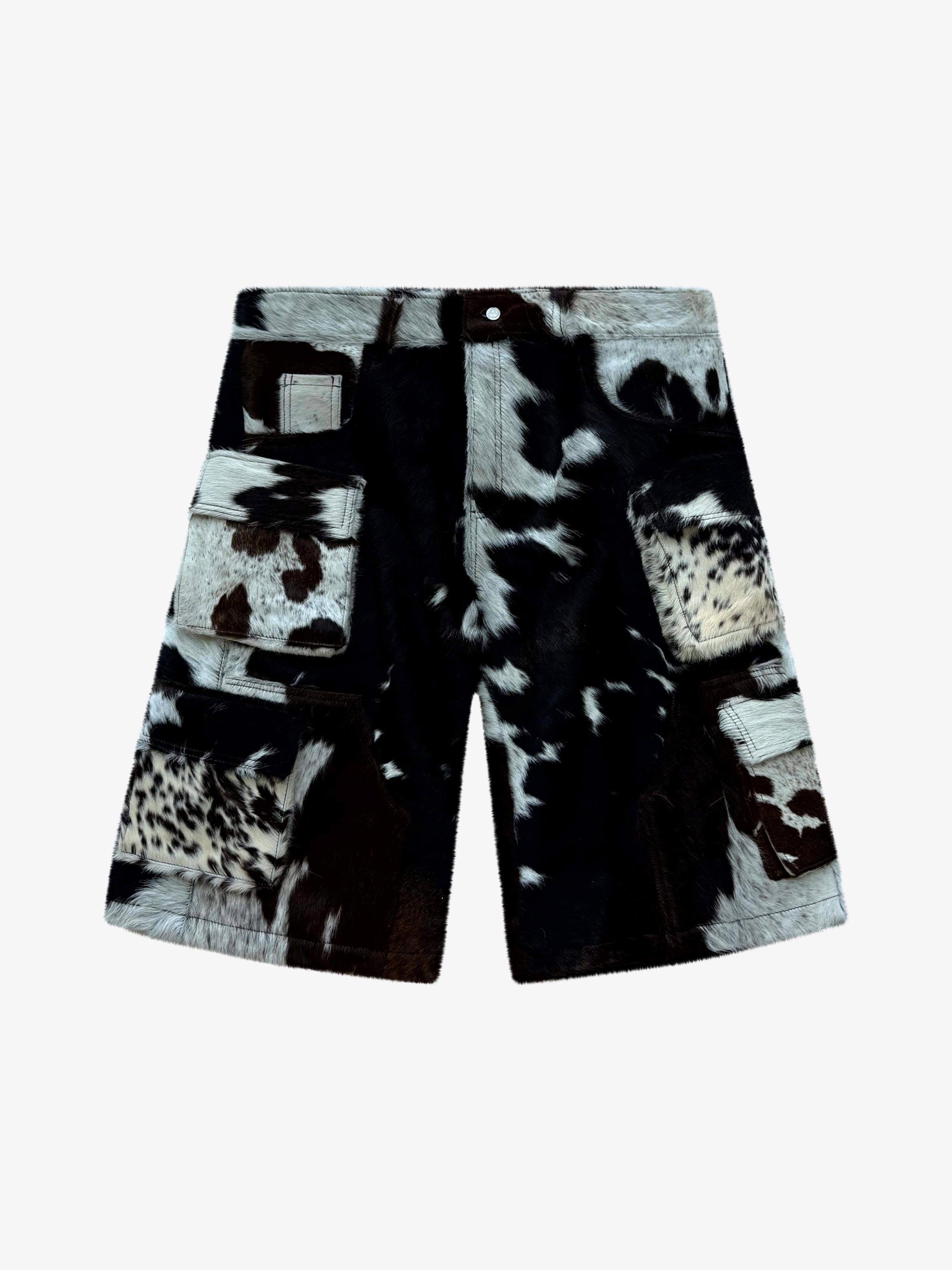 Utility Cowhide Cargo Leather Shorts Brown and White