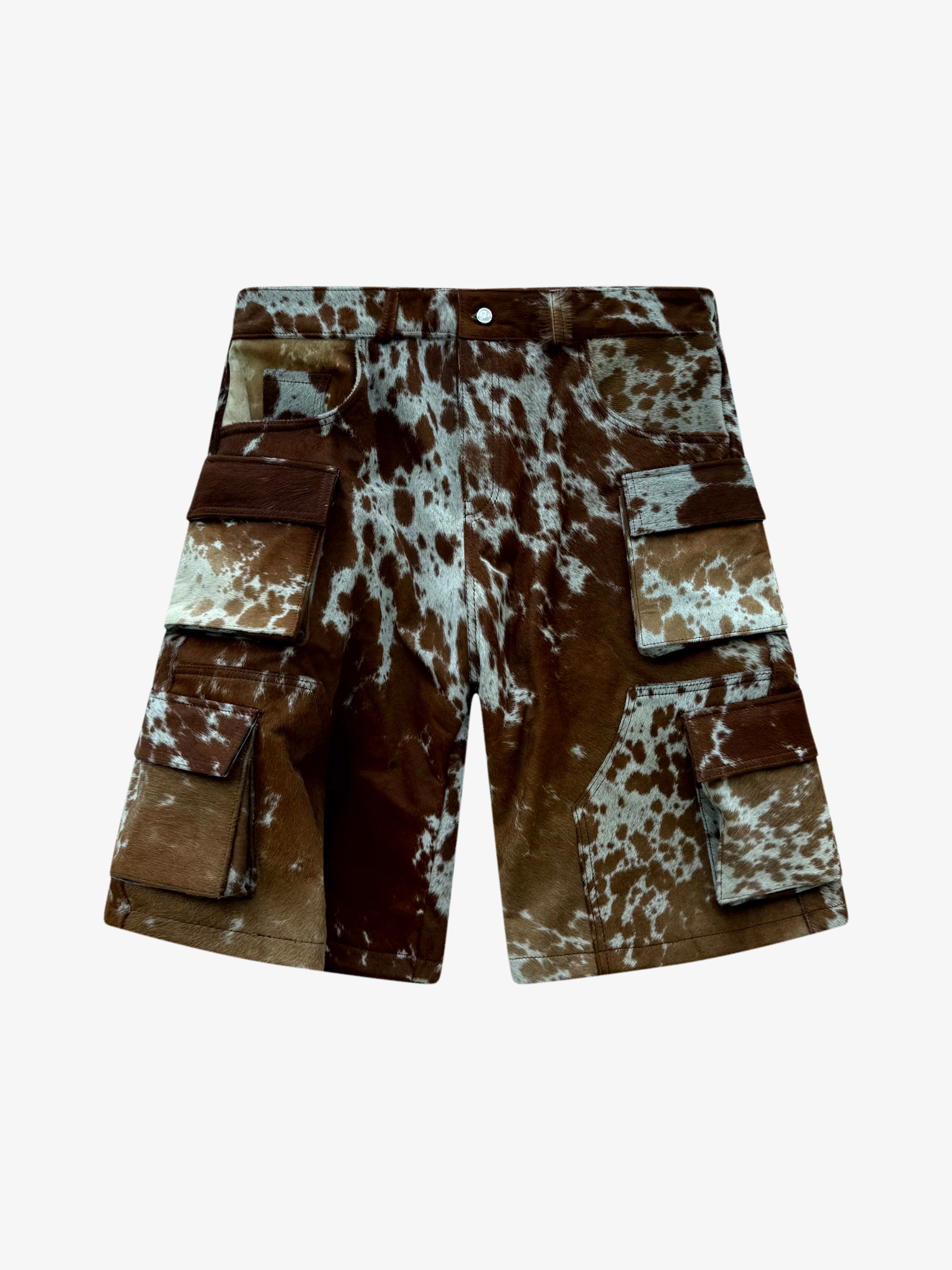 Utility Cowhide Cargo Leather Shorts Tan and White