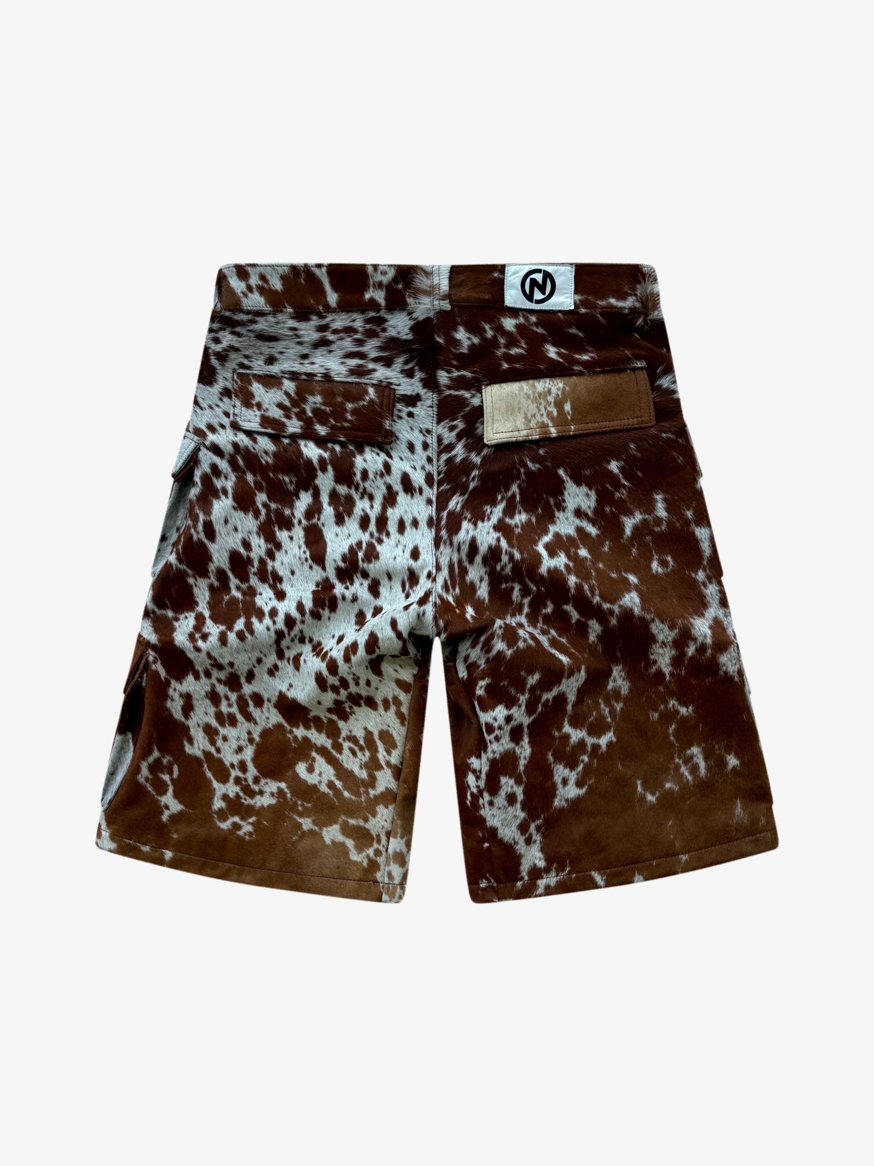 Utility Cowhide Cargo Leather Shorts Tan and White