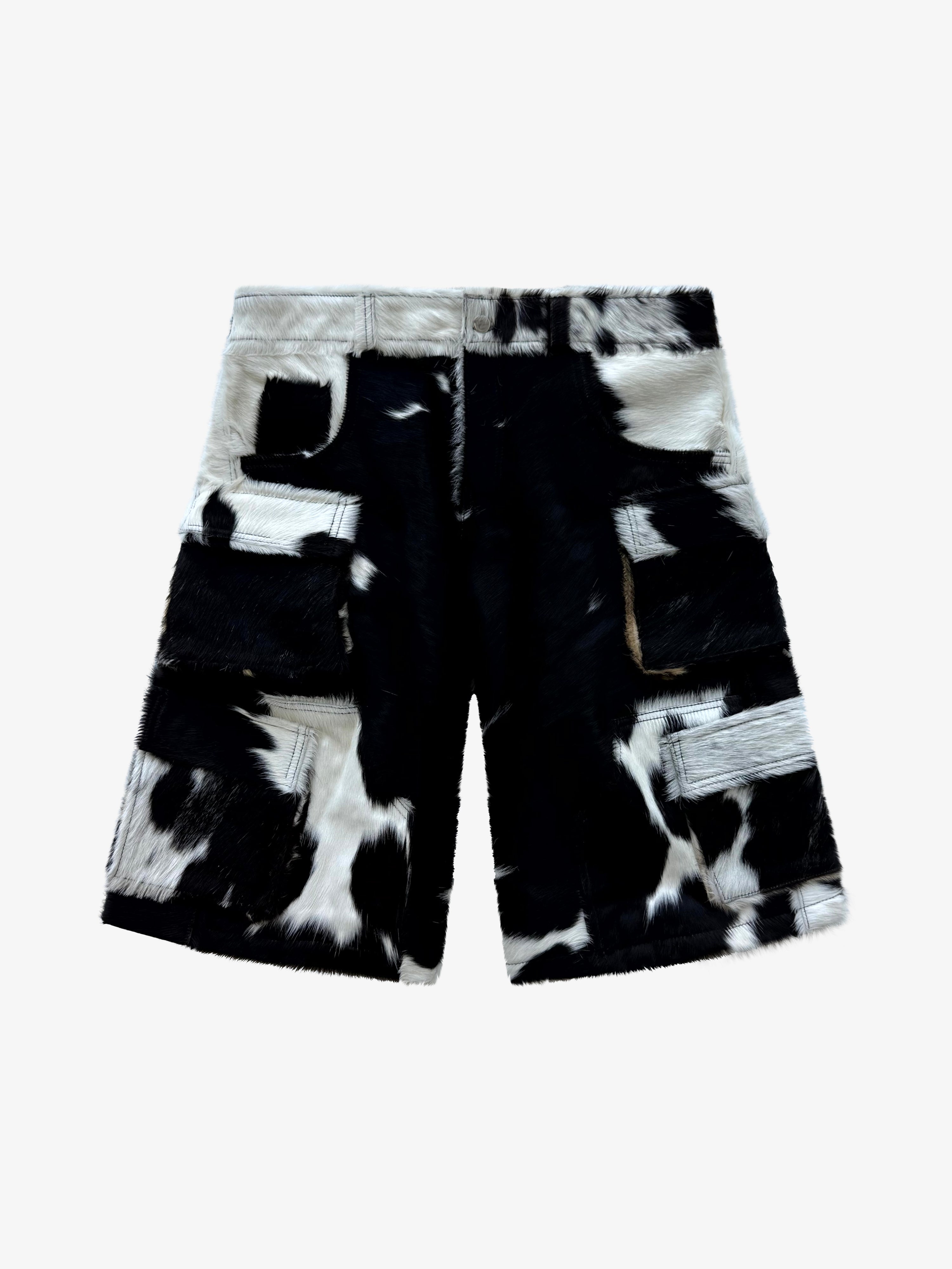 Utility Cowhide Cargo Leather Shorts Black and White