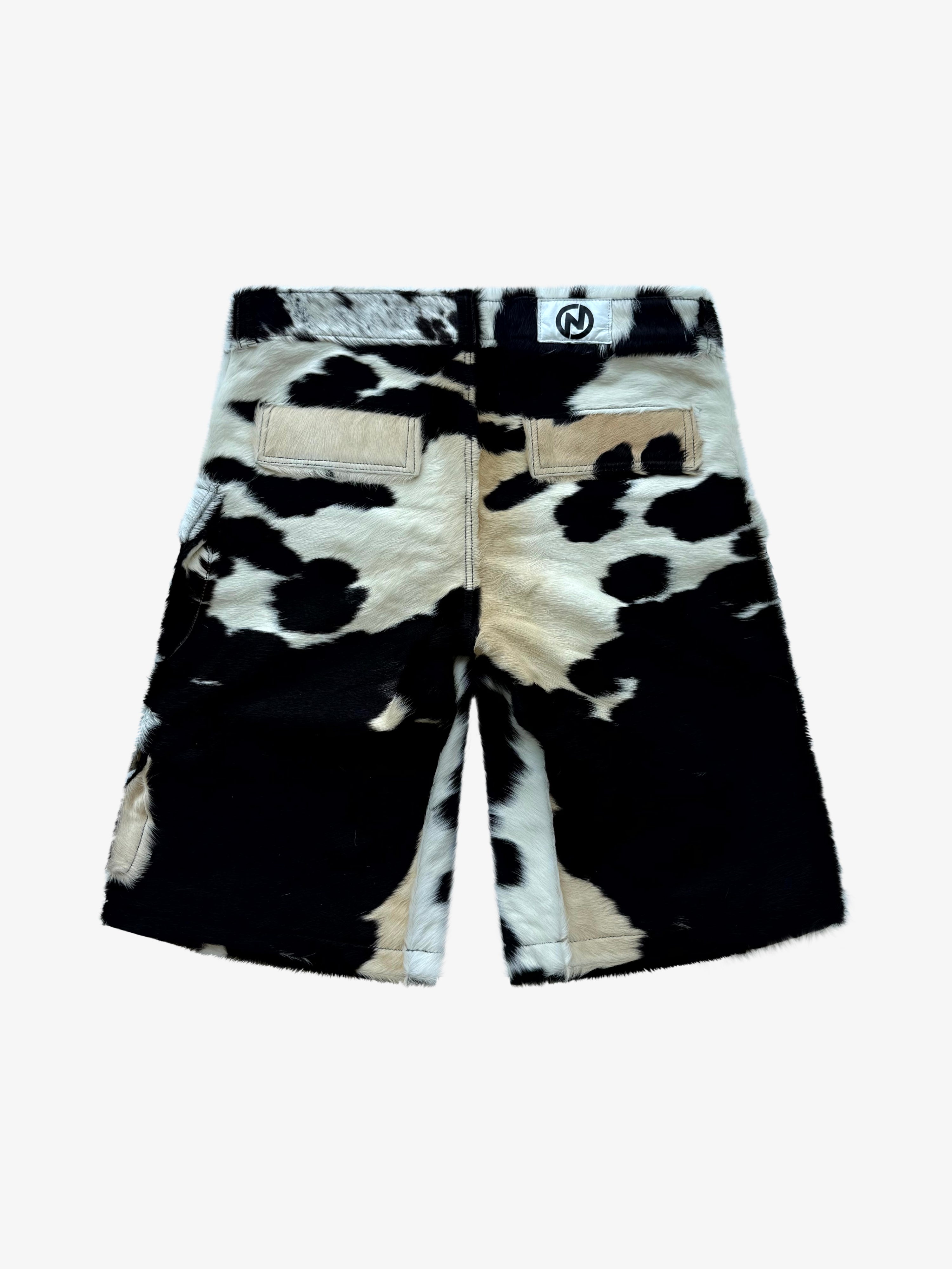 Utility Cowhide Cargo Leather Shorts Black and White