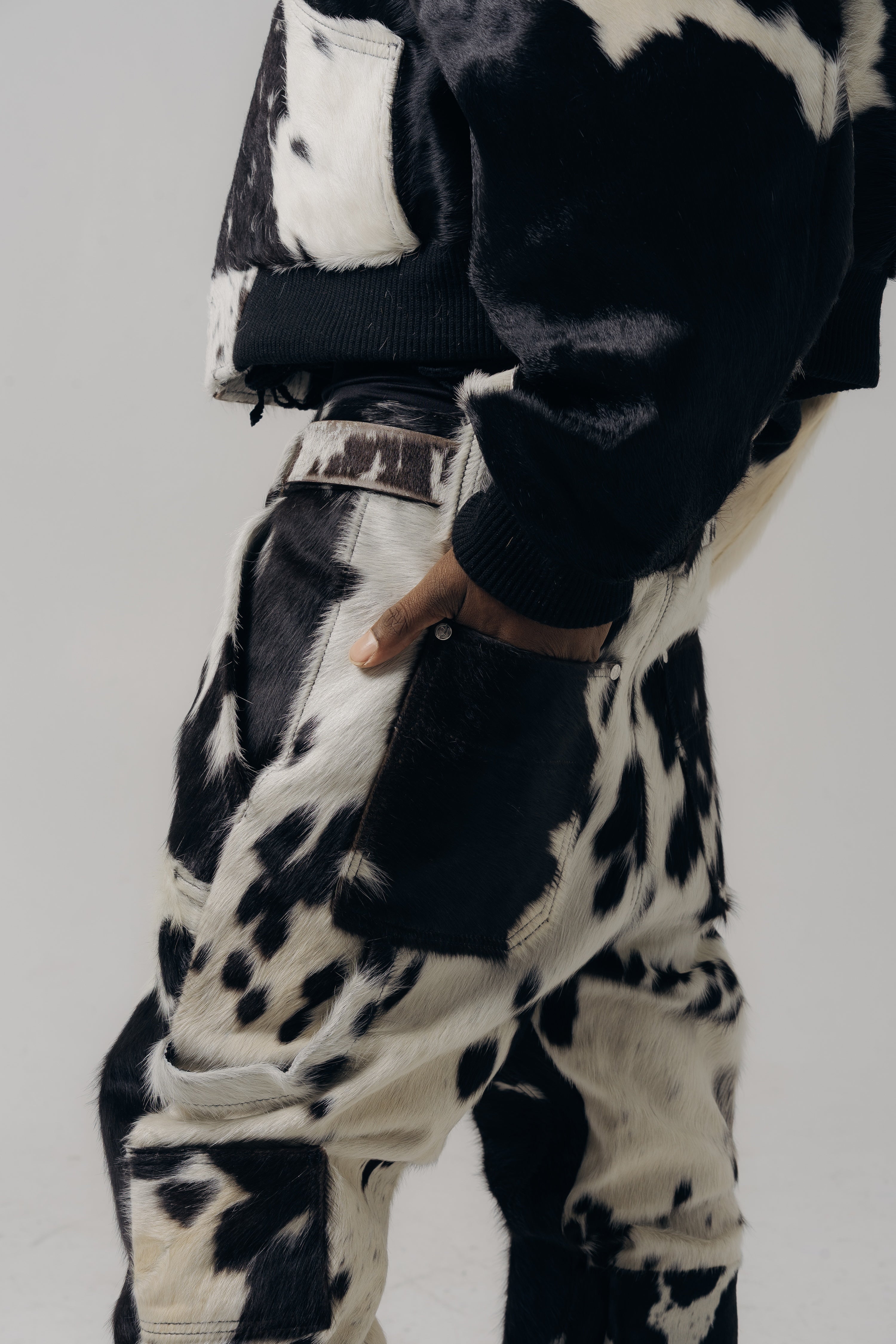 Double Knee Cowhide Pants Black White