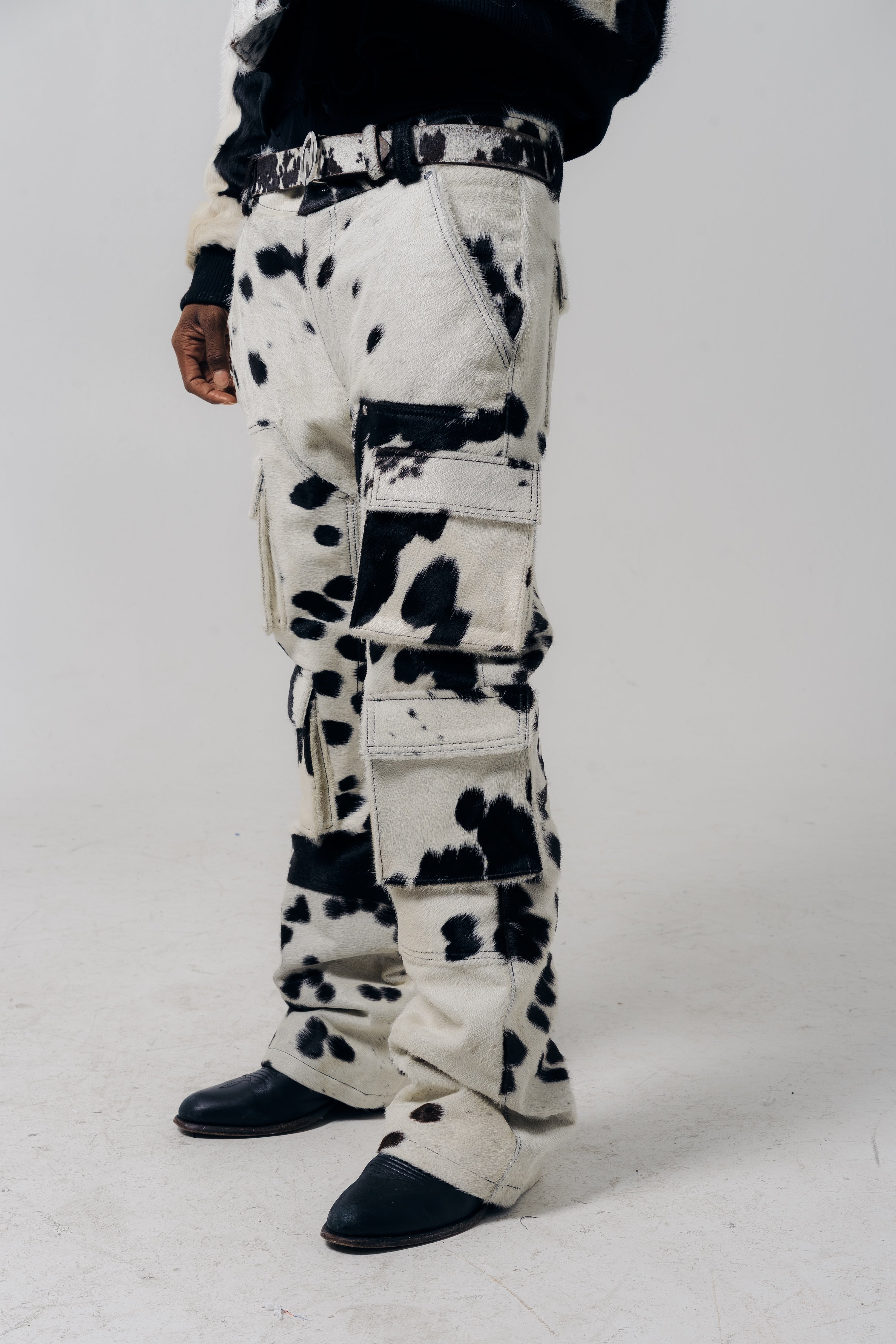 Cargo Cowhide Pants Black White